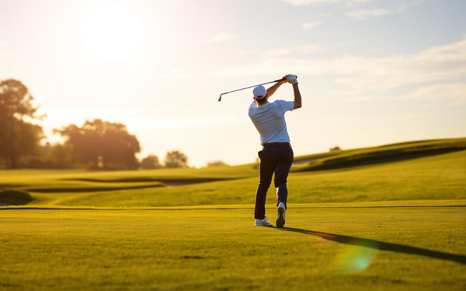 Golfer mid-swing on the fairway